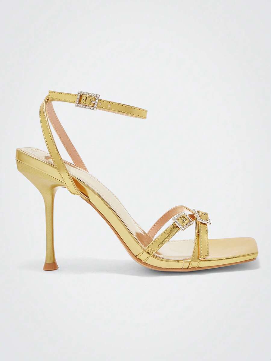 Maija Women's Fashion Diamond Buckle Square Toe High Heel Strap Sandals - Gold - View 1