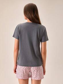 Loomlin Women Cotton 2 Pcs Grey Contrast Colour Heart Printed Round Neck Short Sleeved Shirt& Pink Heart Pattern - Grey - View 2