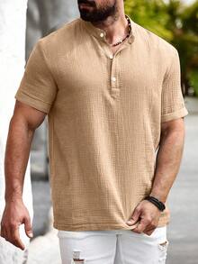 Manfinity Homme Manfinity Nomadique Men's Casual Cotton-Linen Shirt Summer Hengli Collar - Camel - View 6