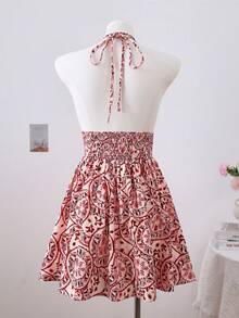 Franclia 女士V领吊带露背系腰连衣裙 - 紅色 - 查看 2