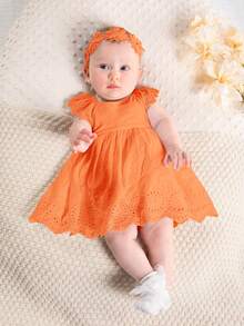 SHEIN Newborn Baby Girl Floral Trim Round Neck Ruffle Waist Dress - Orange - View 6