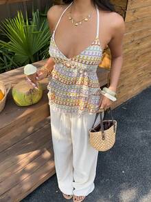 Sunnyshic 女士夏季沙滩度假亮片面料休闲浪漫衬衫 - 彩色 - 查看 6