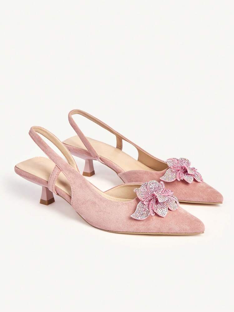 CUCCOO CHICEST Women's Pointed Toe High Heel Shoes, Pink Floral Decor, Faux Suede, Comfortable & Elegant, Suitable For Spring/Summer, Weddings, Parties, Formal Occasions