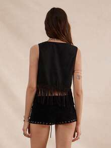 Easelle Bohemian Music Festival Sequin Rivet Tassel Vest For Women - Black - View 3
