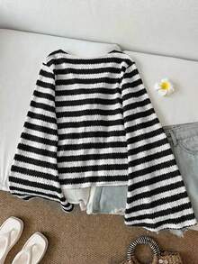 SHEIN LUNE Áo thun nữ dệt kim cotton kẻ sọc, tay loe, buộc dây phía trước, màu đen trắng. - Đen và trắng - Xem 3