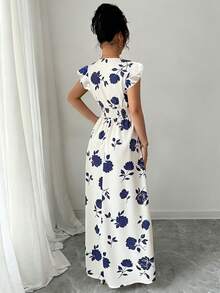 Rafferiza 女士碎花束腰开衩连衣裙 - 杏色 - 查看 2