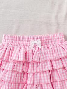 SHEIN 2pcs/Set Young Girl Floral Print T-Shirt And Plaid Ruffle Hem Shorts,Kids Holiday Light Pink Summer Holiday Vacation - Multicolor - View 6