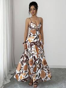 Elenzga Vestido midi con cintura ceñida y estampado, adecuado para vacaciones y uso diario - Marrón - Ver 6