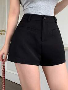 DAZY Pantalones cortos de mujer de negocios casuales negros, diseño minimalista con bolsillos, adecuados para la oficina y el transporte en primavera y verano - Negro - Ver 6