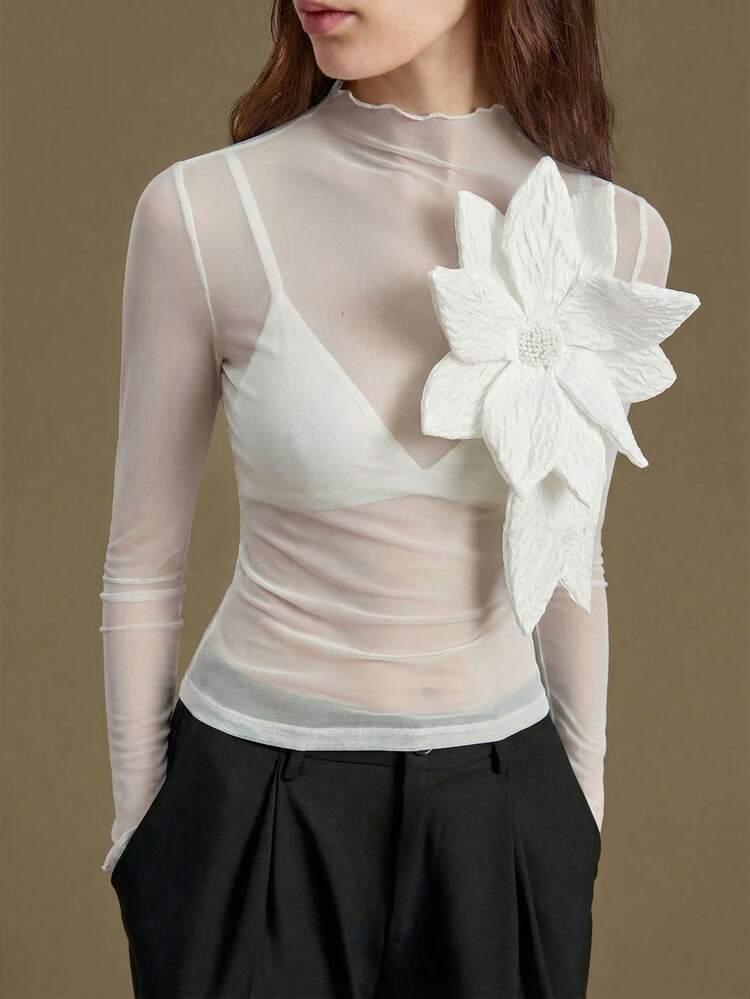 2026 Spring/Summer Women's Top, Elegant Style For Weddings, 4-Way Stretch Mesh Fabric, 3D Floral Design, Modern Urban Style, Stand Collar, Sleeveless, Women's Blouse, Women's T-Shirt, Music Festival, Black, Business Casual Office Wear, Low-Key Vintage Vibe, High-Quality, Airport Fashion, High-End Material, Valentine's Day, Women's Elegant Ceremony Dress, Holiday Outfit, Beach Outfit, Office Outfit