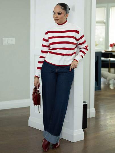 Melissa Matos 女式休闲拼色条纹立领毛衣，秋冬