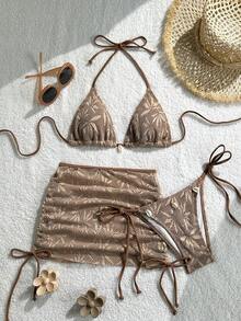 Swim Mod Swimsuits For Woman Shell Decor Halter Bra & Swim Bottom & Cover Up Skirt Bikini Set, Summer Beach Bathing Suit - Brown - View 1