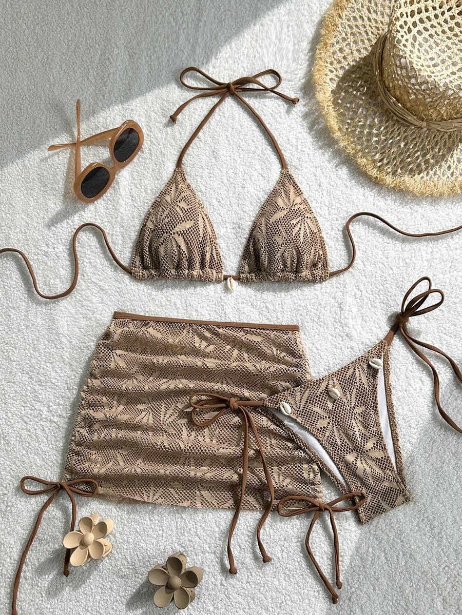 Swim Mod Swimsuits For Woman Shell Decor Halter Bra & Swim Bottom & Cover Up Skirt Bikini Set, Summer Beach Bathing Suit - Brown - View 1