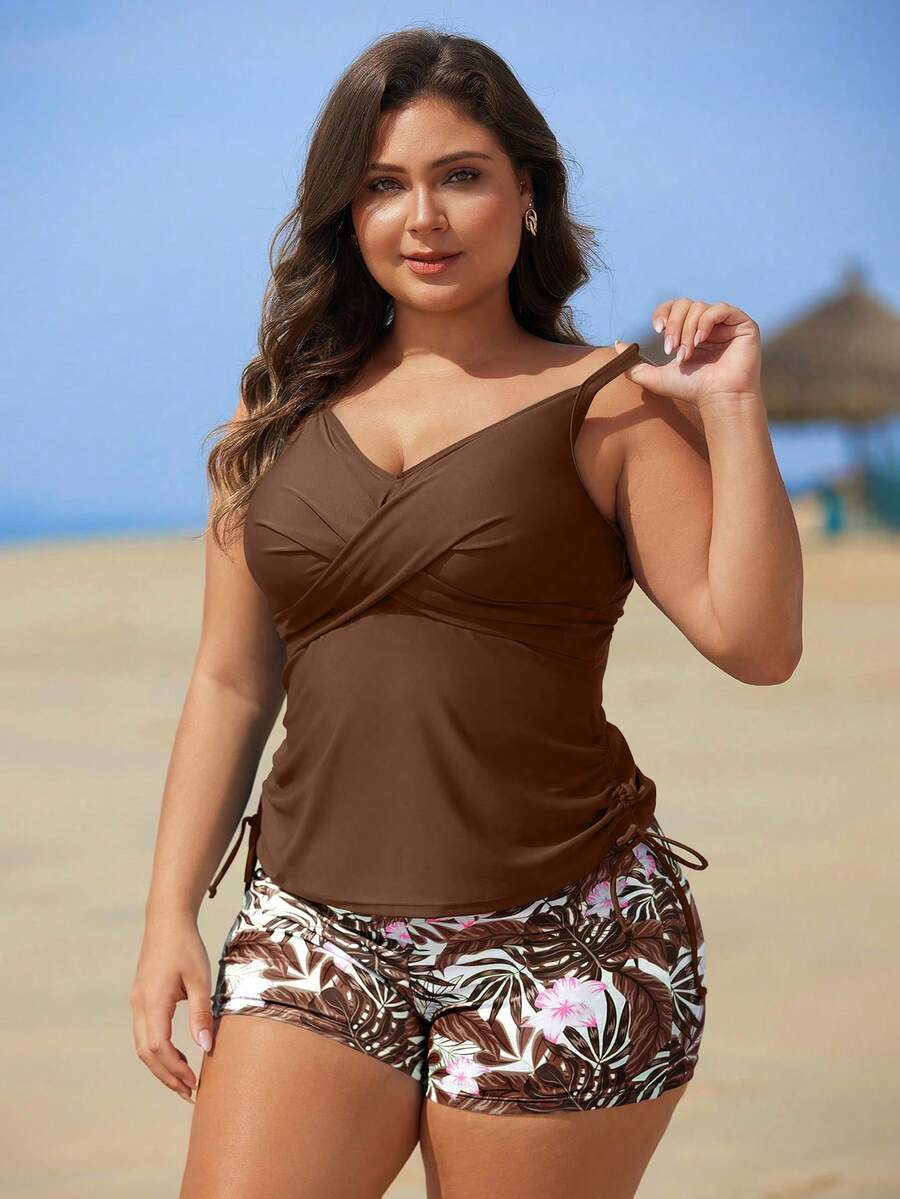 Swim Lushoire Plus Size Women Summer Beach Criss-Cross Design Tankini Swimwear Set - Brown - View 1