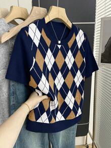 Franclia New Arrival Spring/Summer Retro College Style Colorblock Plaid Knit Pullover Sweater For Women - Navy Blue - View 5