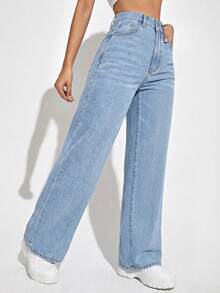 SHEIN ICON Celana Jeans Kasual Model Washed Pinggang Tinggi Potongan Lurus - Light Wash - View 3