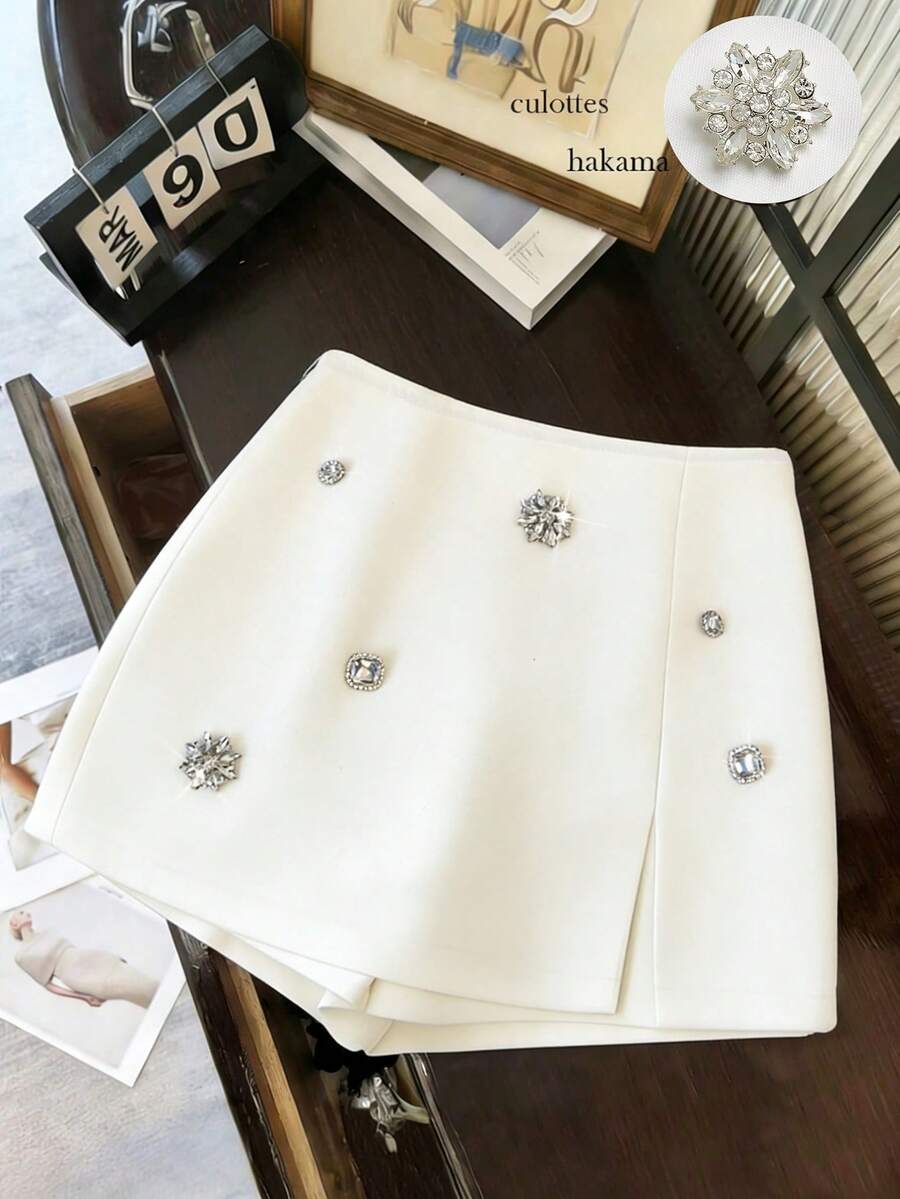 Women's Elegant Casual 2026 Spring/Summer Slit Rhinestone Embellished Shorts - White - View 1