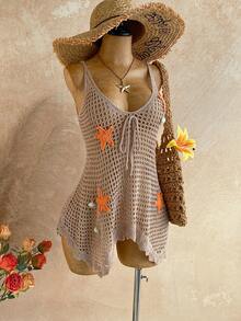 Soleia 女士V领镂空星形装饰不对称下摆罩衫 - 卡其色 - 查看 3