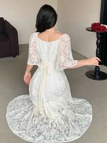 DAZY Đầm ren phối màu tương phản, họa tiết hoa, dáng dài ngang gối, thích hợp cho nữ, kiểu dáng mùa hè, phong cách boho, đi nghỉ mát. - Màu be - Xem 2