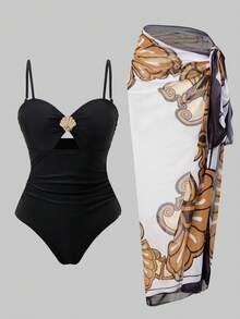 Swim Oasis Women's Black Elegant Ruched One-Piece Swimsuit With Coverup,Summer Beach Holiday Bathing Suit Set,Solid Color Metal Decor Boho Vacation Outfits,2026 - Black - View 3