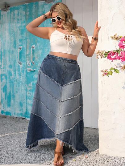 Vivid Eden Plus-Size Women's Denim Midi Skirt, High-Waisted, Multi-Layered Color-Blocked Long Denim Skirt, Blue, Suitable For Casual Vacations, Outings, Beach Wear, And Music Festivals.Spring Clothing  Summer  Beach Vacation Outfits For Women  Birthday Outfits For Women Vacation Outfits Women