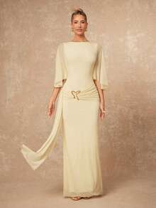 Lumalex 女士优雅性感黄色圆领金属扣装饰荷叶边蝙蝠袖修身连衣裙，春夏款 - 黃色 - 查看 4