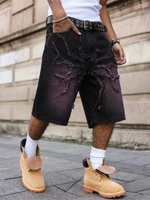 Manfinity EMRG Quần short denim dáng rộng nhuộm màu tím loang họa tiết nhện của thương hiệu New American Streetwear. - màu đen - Xem 3