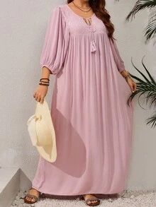 SHEIN CURVE+ Plus Size Solid Long Sleeve Casual Dress, Simple & Fashionable For Everyday Wear,Beach Dress Sundress,Holiday Outfits Boho - Pink - View 5