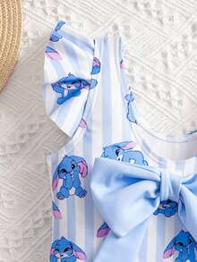 SHEIN 小女孩可爱卡通蓝色兔子荷叶边露背蝴蝶结装饰连体泳衣，姐妹款，适合海滩度假 - 藍色 - 查看 5