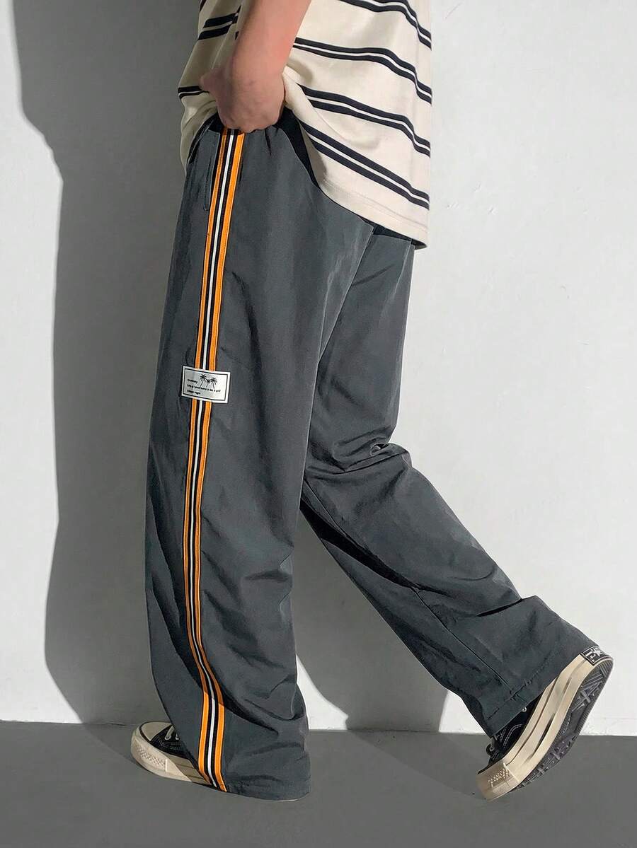 Kids/Tween Boys' Back-To-School Casual Straight Loose Pants,Comfortable Orange Webbing Letter Label Woven Streetwear,Summer School Daily Sports Pants - Grey - View 1
