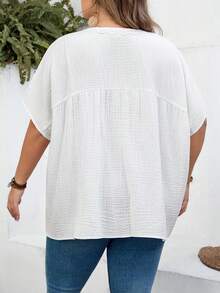 SHEIN CURVE+ 加大码 US22 音乐节、海滨度假、波西米亚风休闲纯色蕾丝拼接蝙蝠袖衬衫，适合教师穿着，夏季上衣 - 白色 - 查看 3