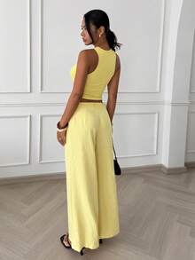 Slaydiva Casual Pale Yellow Tank Top And Wide Leg Pants 2 Pieces Set, Summer - Yellow - View 2