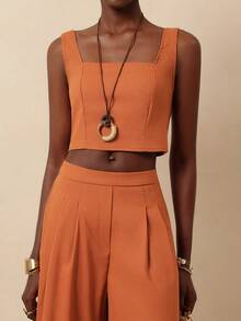 Vesra Bộ đồ nữ gồm áo crop top màu trơn và quần ống rộng, kiểu dáng thường ngày. - Rỉ Nâu - Xem 6