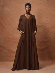 Zivah 2026春夏新款音乐节、复活节、圣帕特里克节、情人节、约会、西部风、游牧风、生日派对、毕业典礼、学院风、学生装、日常穿着、百搭基础款、休闲装、度假、邮轮旅行、海滩、日光浴、爆款、街头风、婚礼宾客、通勤、早午餐、机场、派对、假日郊游、办公室穿着 V领中袖长款宽松A字连衣裙，配腰带、褶皱、绿色、口袋 - 棕色 - 查看 7