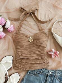 SHEIN 少女休闲日常时尚度假露背纹理面料吊带背心，正面中央饰有装饰，适合夏季穿着 - 杏色 - 查看 5