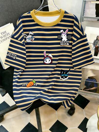 Manfinity Joysei Blue & Yellow Striped Cartoon Print Plus Size Men's Short Sleeve T-Shirt, Colorblock Striped Bunny Graphic Casual Top