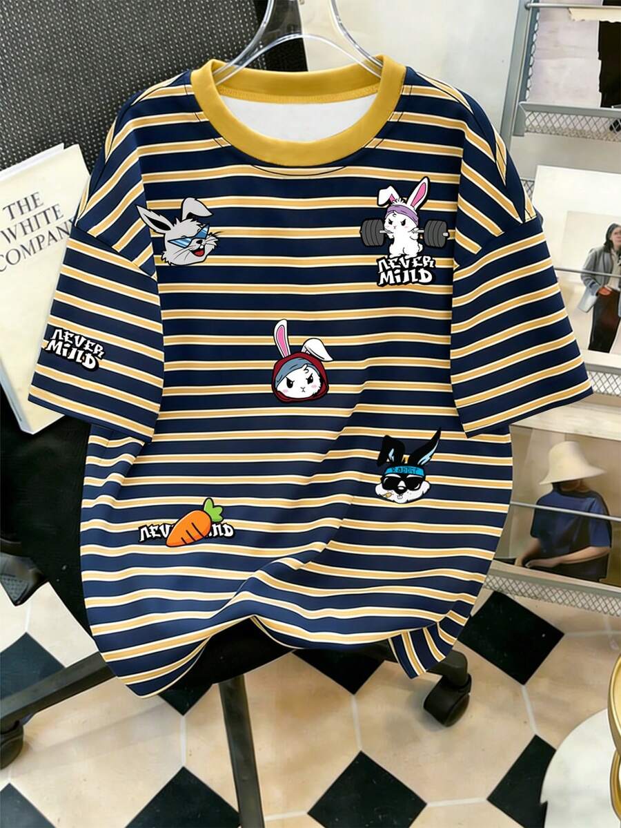 Manfinity Joysei Áo thun nam tay ngắn cỡ lớn in hình hoạt hình sọc xanh vàng, áo thun thường ngày in hình thỏ sọc phối màu. - Nhiều màu - Xem 1