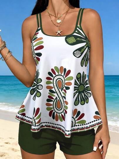 Swim Lushoire Women's Printed Bikini Top And Solid Color Shorts 2-Piece Swimsuit Set, Fashionable For Beach Vacation