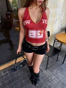 Rina Fox Top de tirantes con estampado numérico y de letras, con ribete de contraste y espalda descubierta, estilo casual/de tránsito para mujer, verano - Multicolor - Ver 2