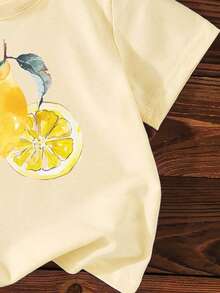 1 pieza de camiseta de cuello redondo de manga corta con estampado floral de verano casual y linda para niñas jóvenes, adecuada para salidas en vacaciones de verano, nueva moda SS26, atuendos de verano - Amarillo - Ver 6