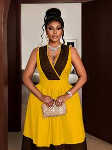 Maweii Vestido de fiesta elegante con cintura fruncida y parches para mujer de talla grande - Amarillo - Ver 6