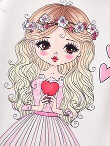 Vestido de niña preadolescente con estampado de princesa, mangas abullonadas de malla rosa, silueta evasé, suelto y cómodo, diseño lindo y favorecedor, tela suave, pieza de moda para el verano - Multicolor - Ver 5