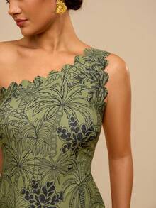 Travachic 热带度假风绿色植物印花荷叶边连体泳衣，复古度假风显瘦泳装，女士大码 - 綠色 - 查看 7