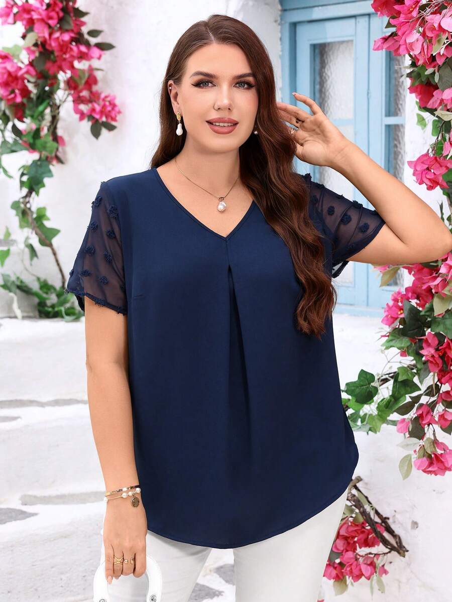 EMERY ROSE 大码V领褶皱夏季短袖休闲纯色上衣，乡村休闲度假风女装，简约时尚日常穿着，夏季女式上衣，夏季女装 - 藏蓝色 - 查看 1