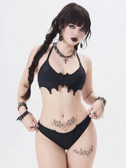 ROMWE Gothic Sexy Symbol Mysterious Dark Aesthetic Versatile Exquisite Mysterious Chic Solid Color Halter Bat Asymmetric Cup Swimwear Top, Paired With Matching Sexy High Cut Bikini Bottom Bikini Set, Can Be Worn As Outerwear With Denim Jacket, Suit, Suitable For Holidays, Parties, Spring Break