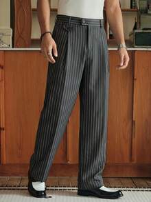 SWAVVY Pantalones casuales anchos con pliegues y rayas para hombres - Gris Oscuro - Ver 3
