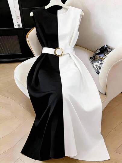 GlowEve CURVE Vestido de mujer de talla grande elegante sin mangas con bloqueo de color y cinturón de cuello redondo