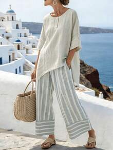 Breezaya Bộ đồ nữ gồm áo sơ mi cổ tròn tay lửng màu trơn và quần ống rộng kẻ sọc, kiểu dáng thường ngày. - Xám - Xem 3