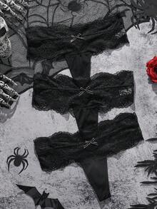3pcs/Set Women's Black Lace Splice Comfortable Sexy Thong Panties - Black - View 3