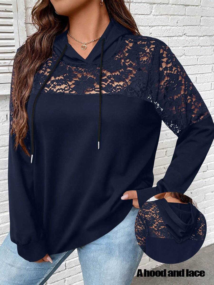 EMERY ROSE Sudadera ligera con capucha y cordón de encaje transparente y sexy para mujer de talla grande - Azul Marino - Ver 1